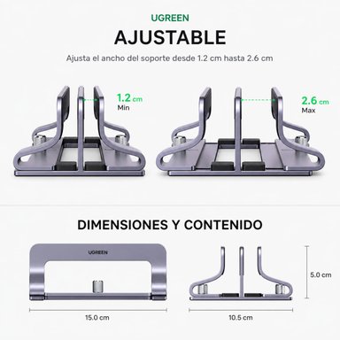 SOPORTE VERTICAL PARA LAPTOP TABLET UGREEN LP258 ALUMINIO 2 RANURAS AJUSTABLE GRIS - 4