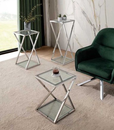 JUEGO DE LATERALES CASA CONCEPTO PERU ZIMUTH ACERO INOXIDABLE 40X40CM 3 PIEZAS DE DISEÑO EXCLUSIVO CON VIDRIO