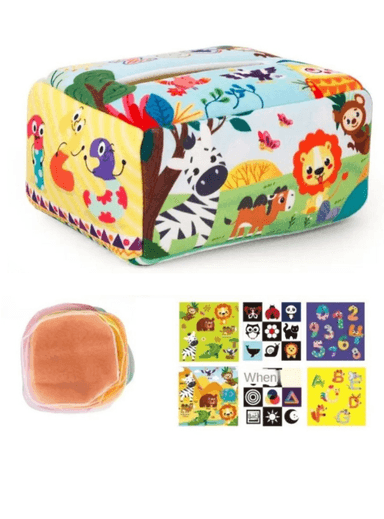 CAJITA DE PAÑUELOS DE TELA SENSORIAL ZOOLÓGICO FELÍZ