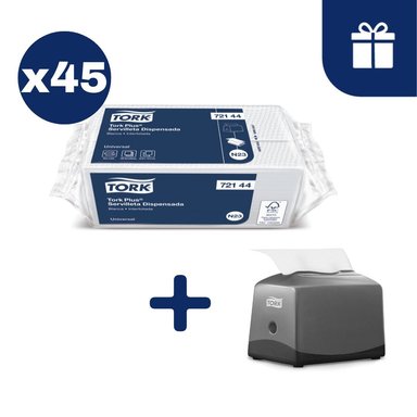 SERVILLETA PLUS TORK HOJA SIMPLE BLANCA 45 PAQ X 100UN + DISPENSADOR GRATIS