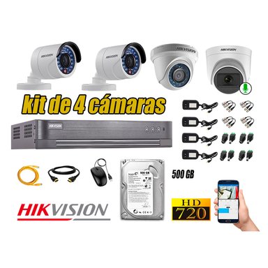 KIT 4 CÁMARA VIGILANCIA HIKVISION HD 720P 500 GB | 1 CAMARA MICROFONO