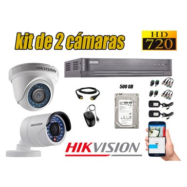 KIT 2 CÁMARA SEGURIDAD HIKVISION 720P + DISCO DURO 500 GB
