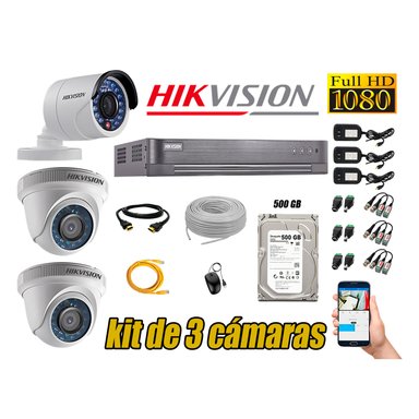 KIT 3 CÁMARA SEGURIDAD HIKVISION FULL HD 1080P + DISCO DURO COMPLETO 500 GB
