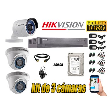 KIT 3 CÁMARA SEGURIDAD HIKVISION FULL HD 1080P + DISCO DURO 500 GB