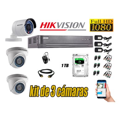 KIT 3 CÁMARA SEGURIDAD HIKVISION FULL HD 1080P + DISCO DURO 1 TB