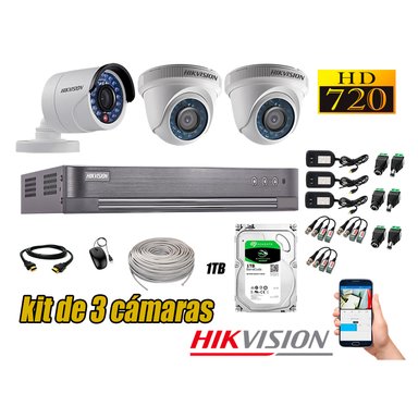 KIT 3 CÁMARA SEGURIDAD HIKVISION 720P + DISCO DURO COMPLETO 1 TB