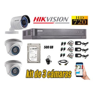 KIT 3 CÁMARA SEGURIDAD HIKVISION 720P + DISCO DURO 500 GB