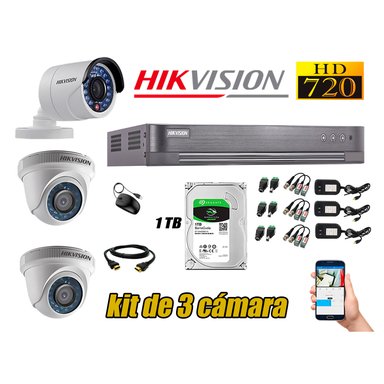 KIT 3 CÁMARA SEGURIDAD HIKVISION 720P + DISCO DURO 1 TB
