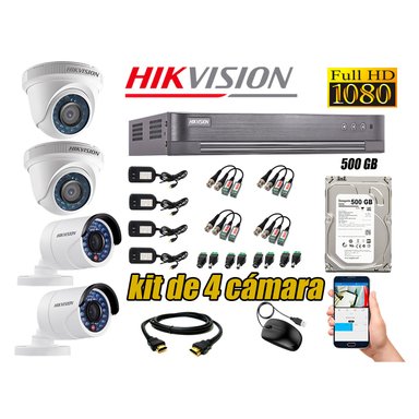 KIT 4 CÁMARA SEGURIDAD HIKVISION FULL HD 1080P + DISCO DURO 500 GB
