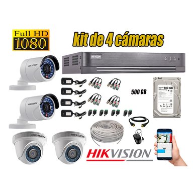 KIT 4 CÁMARA SEGURIDAD HIKVISION FULL HD 1080P + DISCO DURO COMPLETO 500 GB