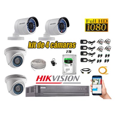 KIT 4 CÁMARA SEGURIDAD HIKVISION FULL HD 1080P + DISCO DURO COMPLETO 2 TB