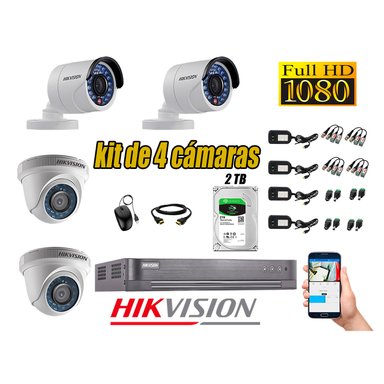 KIT 4 CÁMARA SEGURIDAD HIKVISION FULL HD 1080P + DISCO DURO 2 TB