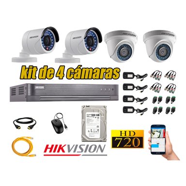 KIT 4 CÁMARA SEGURIDAD HIKVISION 720P + DISCO DURO 500 GB