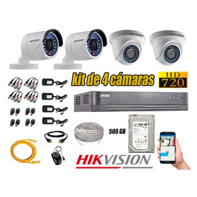 KIT 4 CÁMARA SEGURIDAD HIKVISION 720P + DISCO DURO COMPLETO 500 GB