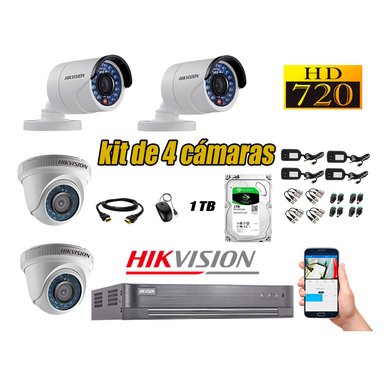 KIT 4 CÁMARA SEGURIDAD HIKVISION 720P + DISCO DURO 1 TB
