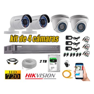 KIT 4 CÁMARA SEGURIDAD HIKVISION 720P + DISCO DURO COMPLETO 2 TB