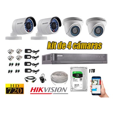 KIT 4 CÁMARA SEGURIDAD HIKVISION 720P + DISCO DURO COMPLETO 1 TB