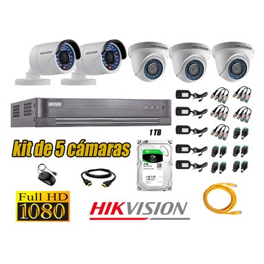 KIT 5 CÁMARA SEGURIDAD HIKVISION FULL HD 1080P + DISCO DURO 1 TB