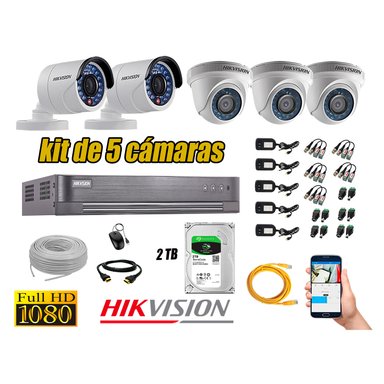 KIT 5 CÁMARA SEGURIDAD HIKVISION FULL HD 1080P + DISCO DURO COMPLETO 2 TB