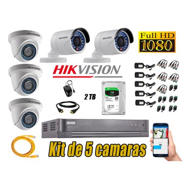 KIT 5 CÁMARA SEGURIDAD HIKVISION FULL HD 1080P + DISCO DURO 2MP 2 TB