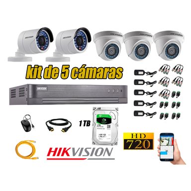 KIT 5 CÁMARA SEGURIDAD HIKVISION 720P + DISCO DURO 1 TB