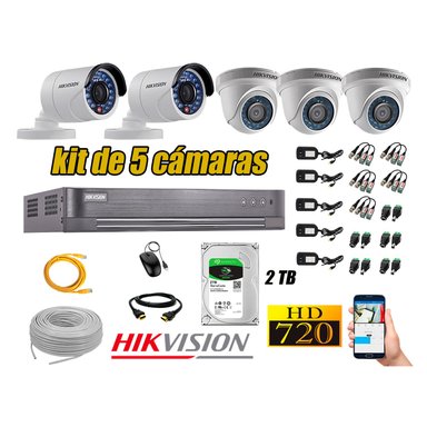 KIT 5 CÁMARA SEGURIDAD HIKVISION 720P + DISCO DURO COMPLETO 2 TB