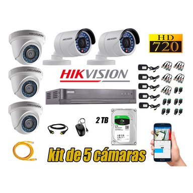 KIT 5 CÁMARA SEGURIDAD HIKVISION 720P + DISCO DURO 2 TB