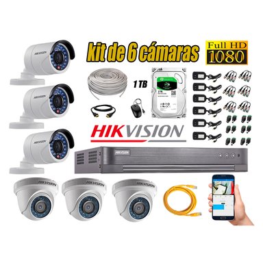 KIT 6 CÁMARA SEGURIDAD HIKVISION FULL HD 1080P + DISCO DURO COMPLETO 1 TB