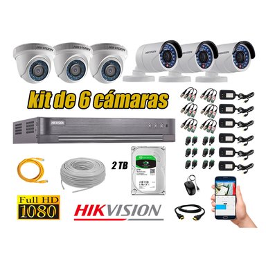 KIT 6 CÁMARA SEGURIDAD HIKVISION FULL HD 1080P + DISCO DURO COMPLETO 2 TB