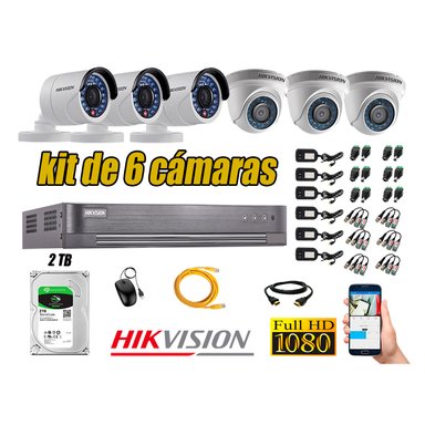 KIT 6 CÁMARA SEGURIDAD HIKVISION FULL HD 1080P + DISCO DURO 2 TB