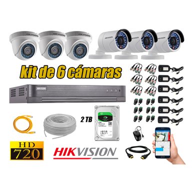 KIT 6 CÁMARA SEGURIDAD HIKVISION 720P + DISCO DURO COMPLETO 2 TB