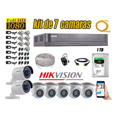 KIT 7 CÁMARA SEGURIDAD HIKVISION FULL HD 1080P + DISCO DURO COMPLETO 1 TB