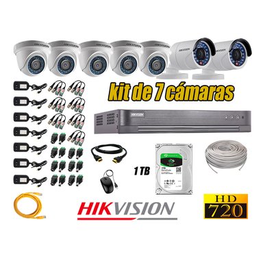 KIT 7 CÁMARA SEGURIDAD HIKVISION 720P + DISCO DURO COMPLETO 1 TB