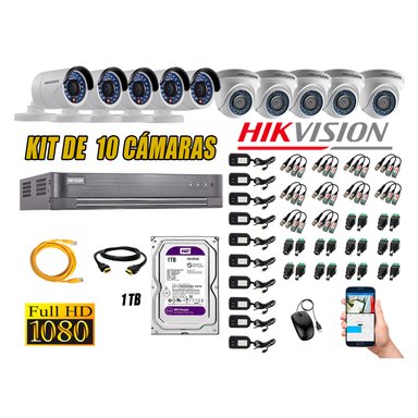 KIT 10 CÁMARA SEGURIDAD HIKVISION FULL HD 1080P + DISCO DURO 1 TB