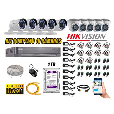 KIT 10 CÁMARA SEGURIDAD HIKVISION FULL HD 1080P + DISCO DURO COMPLETO 1 TB