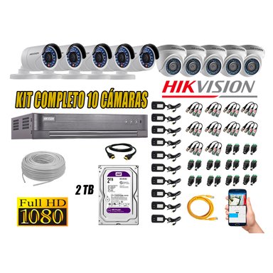 KIT 10 CÁMARA SEGURIDAD HIKVISION FULL HD 1080P + DISCO DURO COMPLETO 2 TB