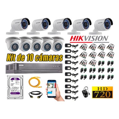 KIT 10 CÁMARA SEGURIDAD HIKVISION 720P + DISCO DURO 1 TB
