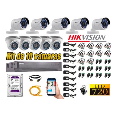 KIT 10 CÁMARA SEGURIDAD HIKVISION 720P + DISCO DURO 2 TB