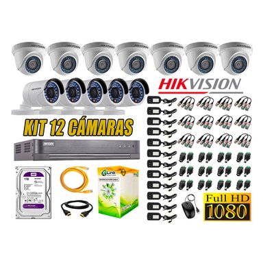 KIT 12 CÁMARA SEGURIDAD HIKVISION FULL HD 1080P + DISCO DURO COMPLETO 1 TB