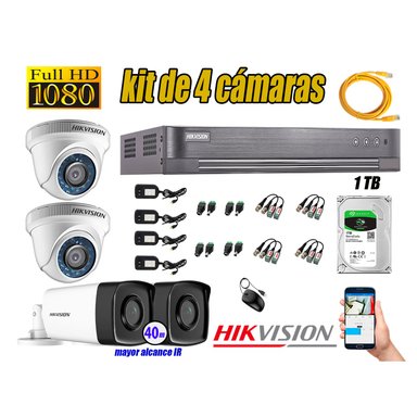 CÁMARAS SEGURIDAD HIKVISION KIT 4 FULL HD 1080P + DISCO 1TB MAYOR ALCANCE VISIÓN COLOR HIBRIDO