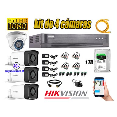 CÁMARAS SEGURIDAD HIKVISION KIT 4 FULL HD 1080P + DISCO 1TB MAYOR ALCANCE VISIÓN COLOR HIBRIDO