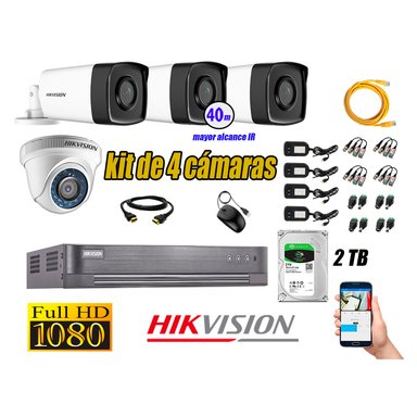 CÁMARAS SEGURIDAD HIKVISION KIT 4 FULL HD 1080P + DISCO 2TB MAYOR ALCANCE VISIÓN COLOR HIBRIDO
