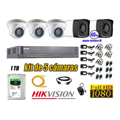 CÁMARAS SEGURIDAD HIKVISION KIT 5 FULL HD 1080P + DISCO 1TB MAYOR ALCANCE VISIÓN COLOR HIBRIDO