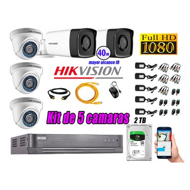 CÁMARAS SEGURIDAD HIKVISION KIT 5 FULL HD 1080P + DISCO 2TB MAYOR ALCANCE VISIÓN COLOR HIBRIDO