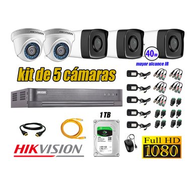 CÁMARAS SEGURIDAD HIKVISION KIT 5 FULL HD 1080P + DISCO 1TB MAYOR ALCANCE VISIÓN COLOR HIBRIDO