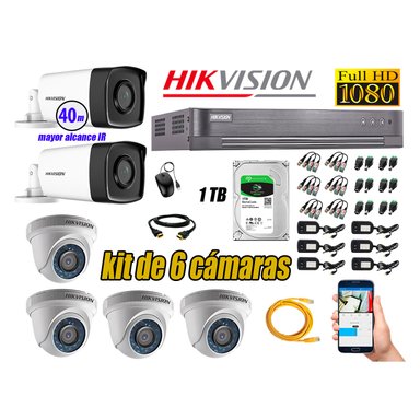CÁMARAS SEGURIDAD HIKVISION KIT 6 FULL HD 1080P + DISCO 1TB MAYOR ALCANCE VISIÓN COLOR HIBRIDO