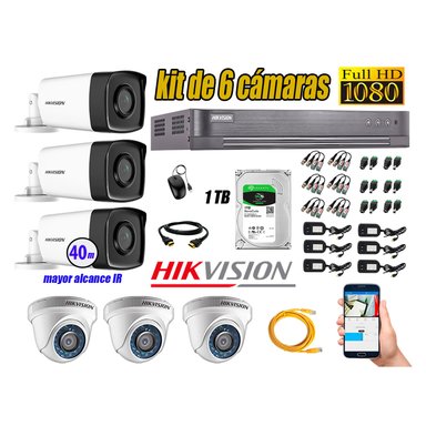 CÁMARAS SEGURIDAD HIKVISION KIT 6 FULL HD 1080P + DISCO 1TB MAYOR ALCANCE VISIÓN COLOR HIBRIDO