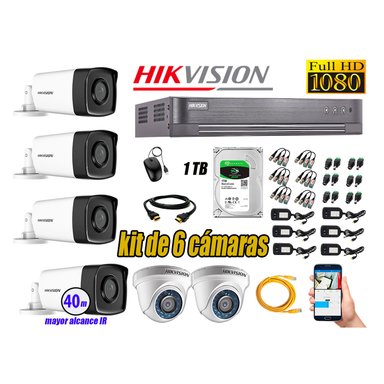 CÁMARAS SEGURIDAD HIKVISION KIT 6 FULL HD 1080P + DISCO 1TB MAYOR ALCANCE VISIÓN COLOR HIBRIDO