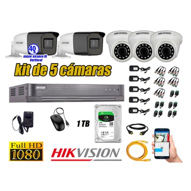 CÁMARA SEGURIDAD HIKVISION KIT 5 FULL HD VARIFOCAL MAYOR ALCANCE 1080P DISCO DURO 1TB