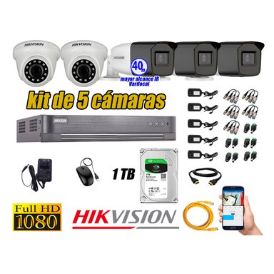 CÁMARA SEGURIDAD HIKVISION KIT 5 FULL HD VARIFOCAL MAYOR ALCANCE 1080P DISCO DURO 1TB